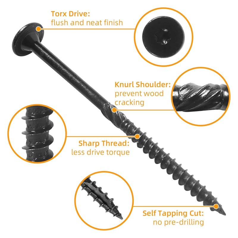 AiVeUao 200Pcs Lag Screws #14 x 4 Inch, Heavy Duty Structural Wood Screws, Star Drive Decking Screw, Wooden Timber Screw for Timber Log Landscaping Wood with T30 Star Bit, Washer Head - Image 3